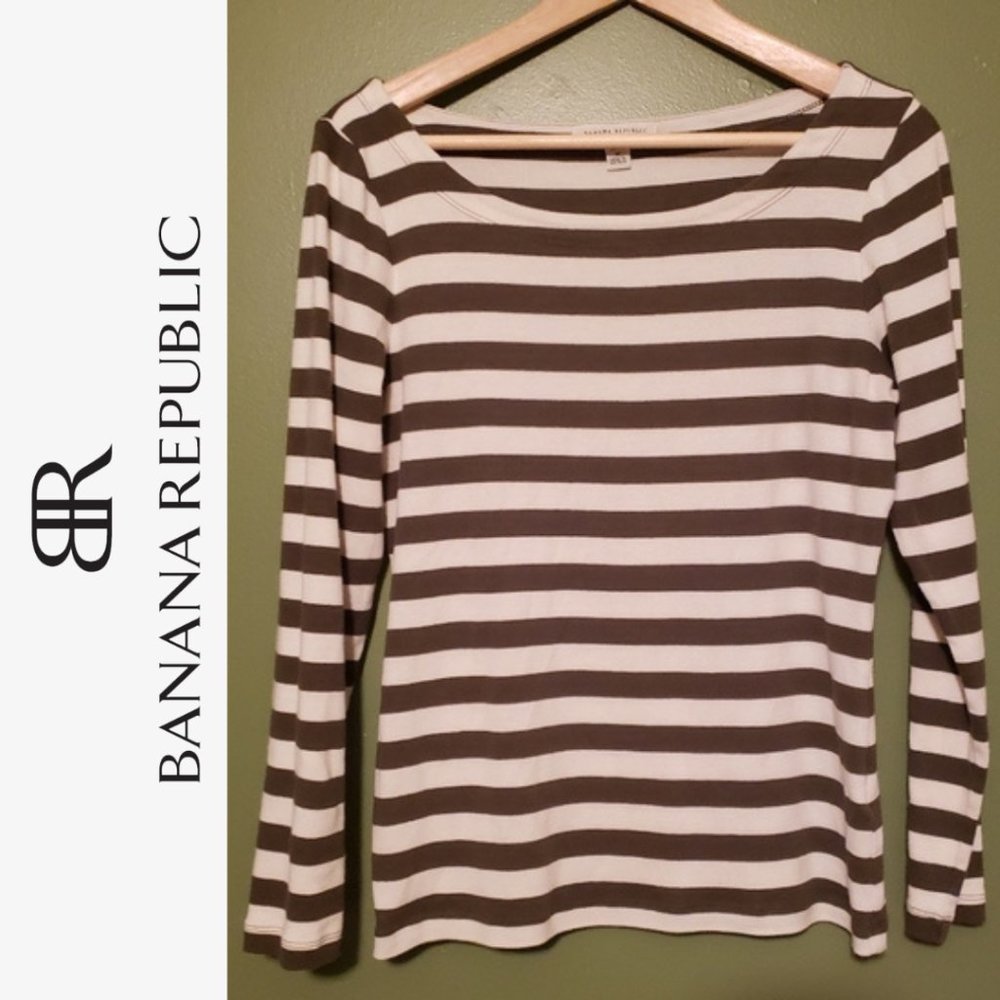 Olive green and white striped long sleeve shirt